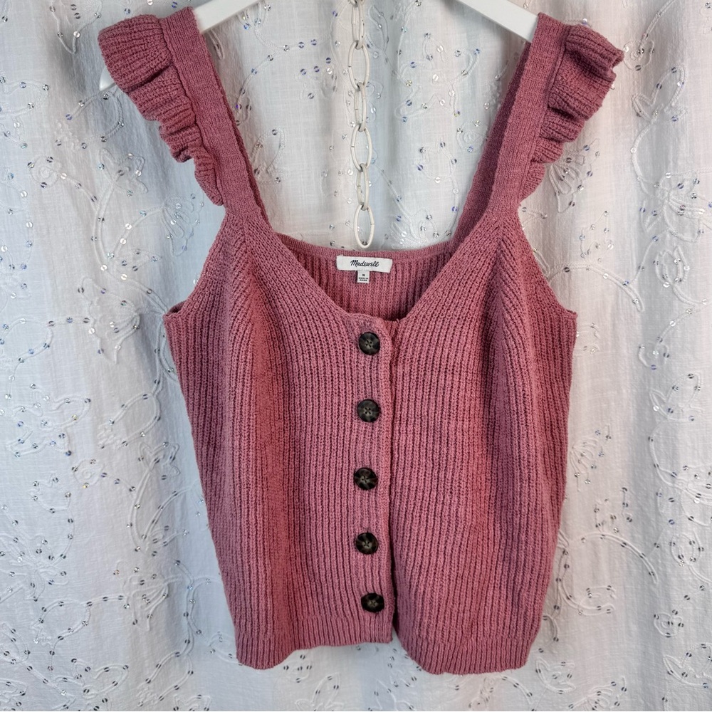 Madewell Ruffle Strap Button Front Sweater Tank Pink Cotton Blend Size M